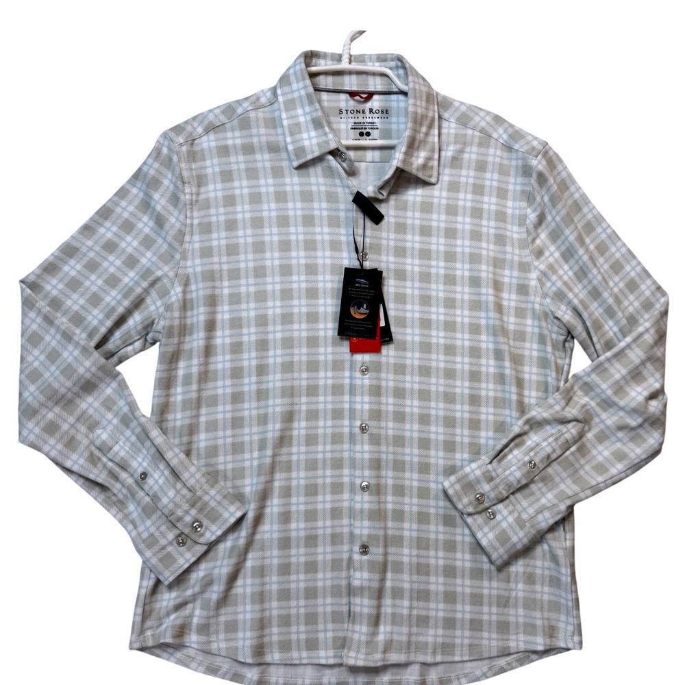 Stone Rose Button Down Mens L Grey NWT Hi-Tech Plaid Super Stretch Dry Touch